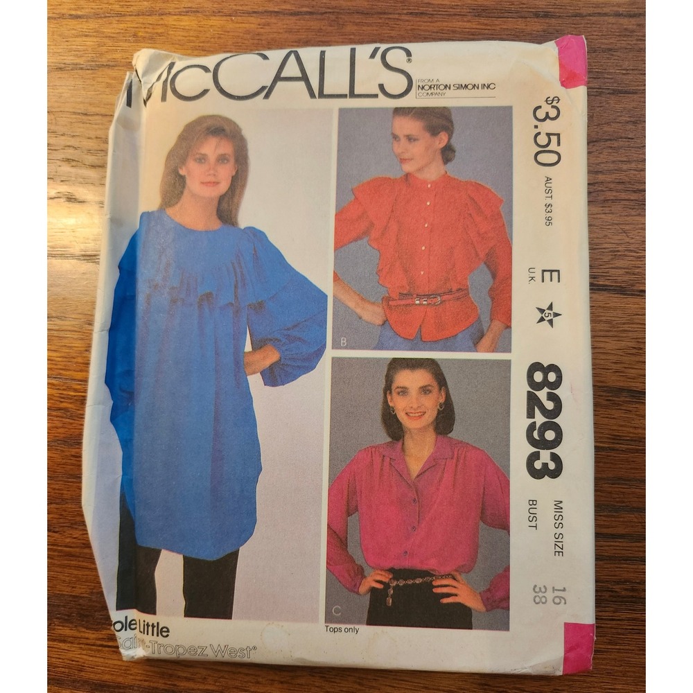 Vintage 1982 McCalls 8293 Nicole Miller Tunic Blouse Sewing Pattern Size 16